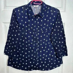Alia Petites Blouse Button-Up Collared Shoulder  Pads Blue & White Size 14P
